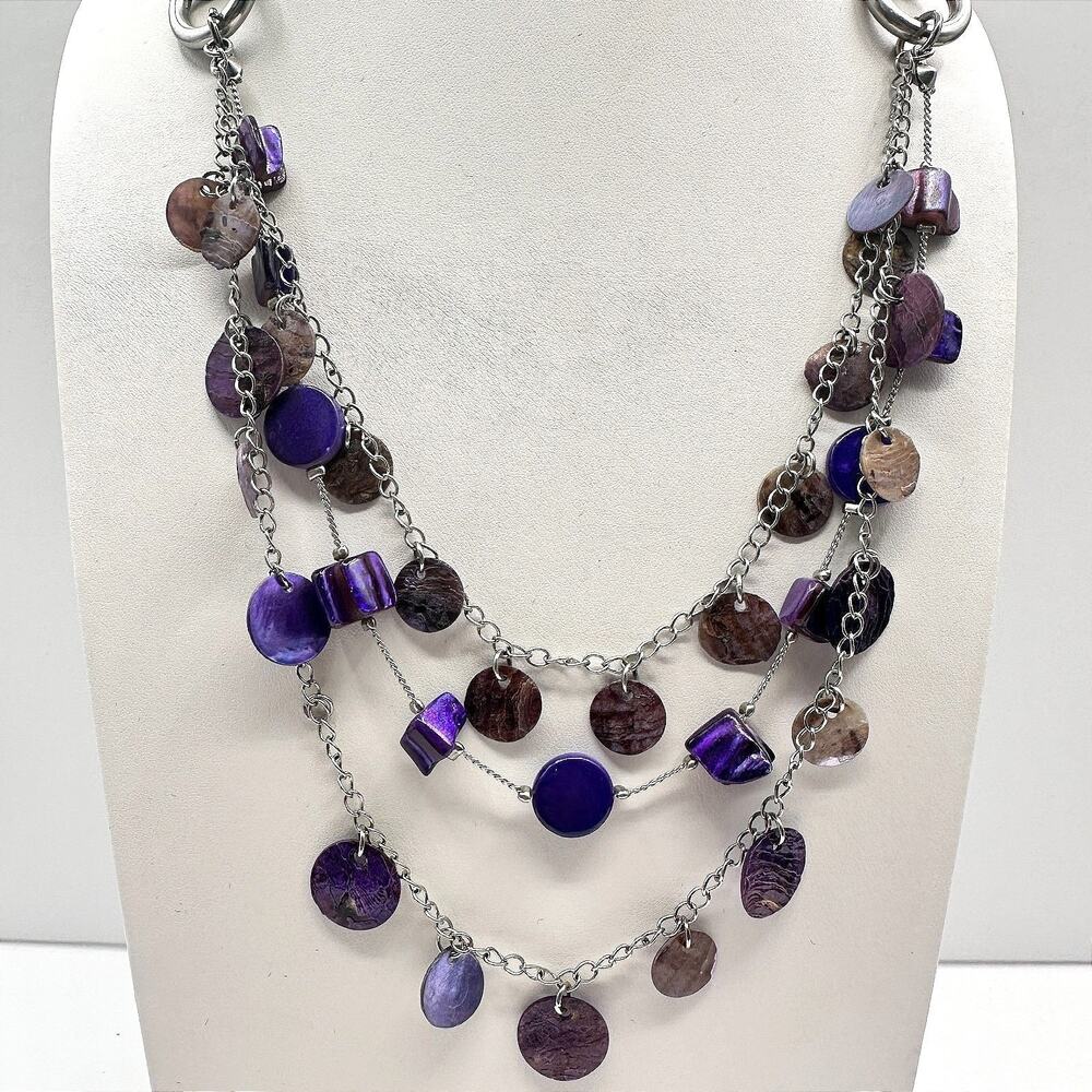 VTG Silver Tone Purple Multi Layer Layered Necklace Shell Stone Look Cluster Y2K